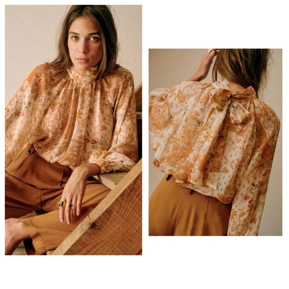 Sezane Floral High-Neck Long-Sleeve Blouse in Mustard and Cream